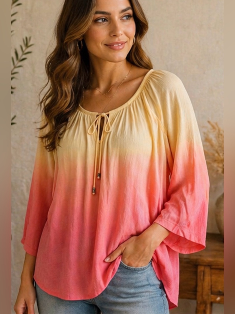 BCX Yellow to Coral Ombre Tie-Neck Peasant‎ Blouse